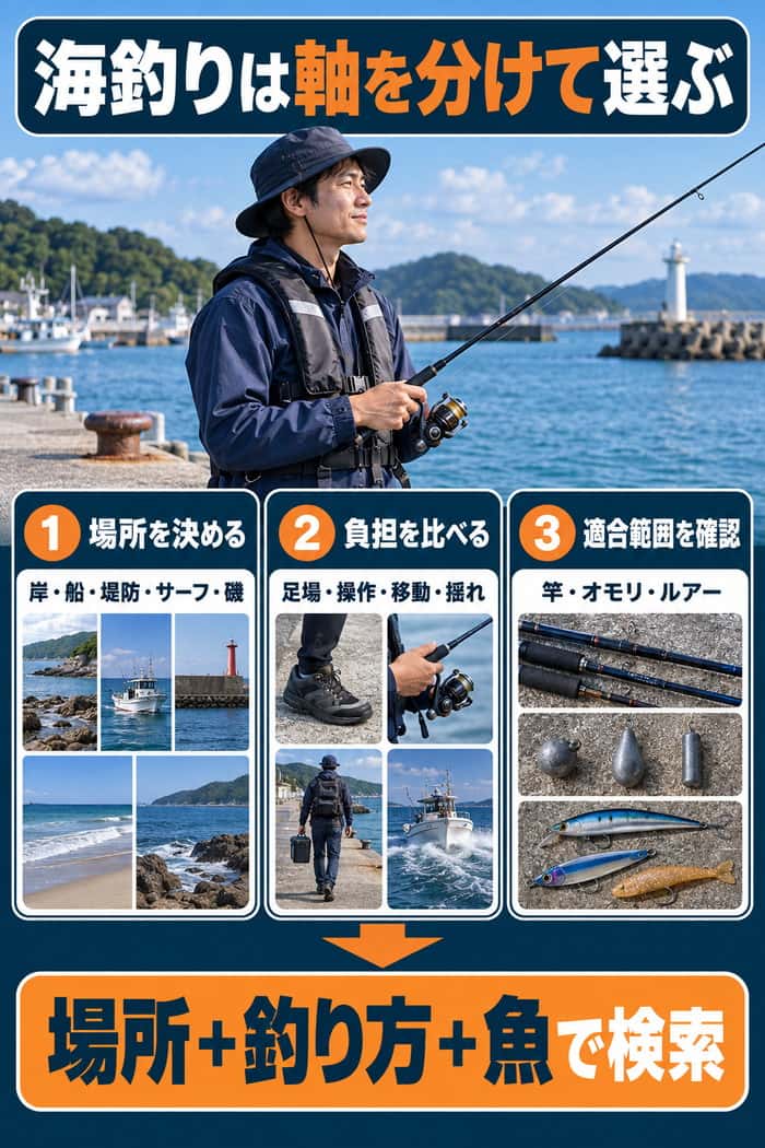 海釣りを選ぶ流れとして、場所を決め、負担を比べ、道具の適合範囲を確認し、場所・釣り方・魚で検索する要点を示す。