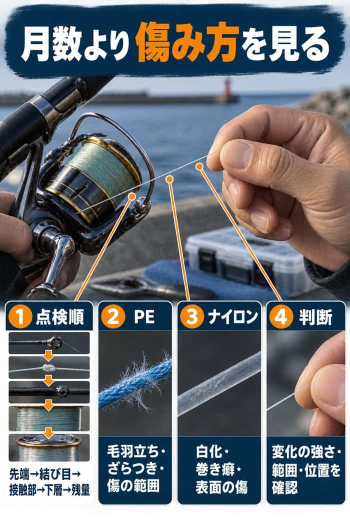 釣り糸の傷みを確認する要点。先端から残量までの点検順と、PEの毛羽立ち・ざらつき、ナイロンの白化・巻き癖を見る。