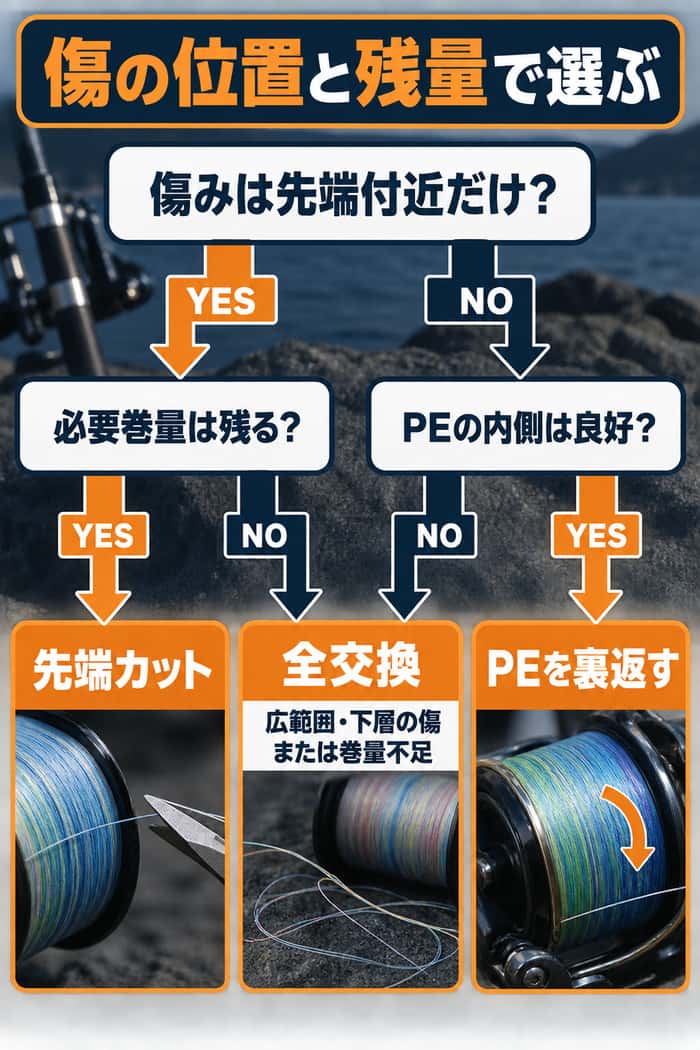 傷の位置と残量から対処を選ぶ判断図。先端だけならカット、内側が良好なPEは裏返し、広範囲の傷や巻量不足なら全交換へ進む。