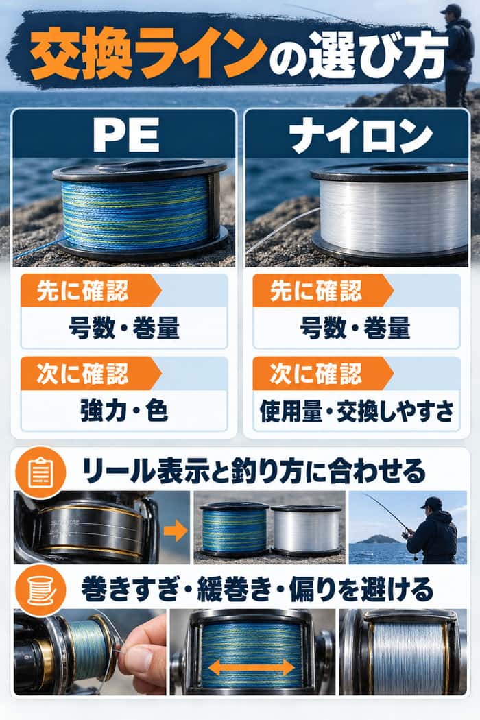 交換ラインの選び方。PEとナイロンで確認する仕様を比べ、リール表示と釣り方に合う号数・巻量を選んで適切に巻く。