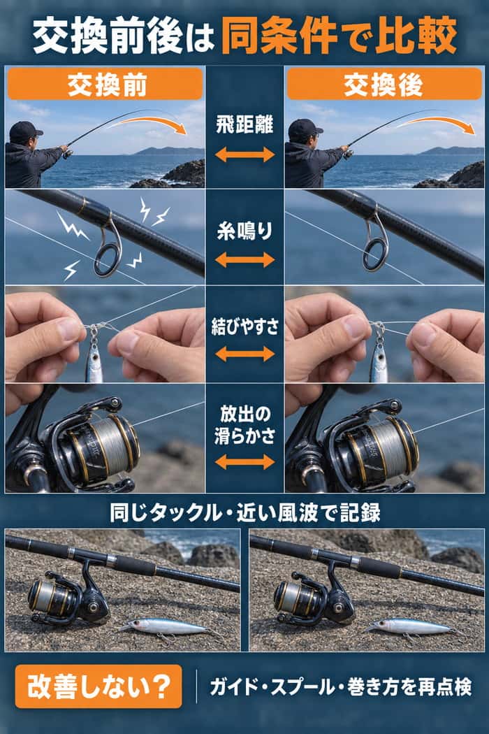 交換前後の比較項目。飛距離、糸鳴り、結びやすさ、放出の滑らかさを同じタックルと近い風波の条件で記録する。