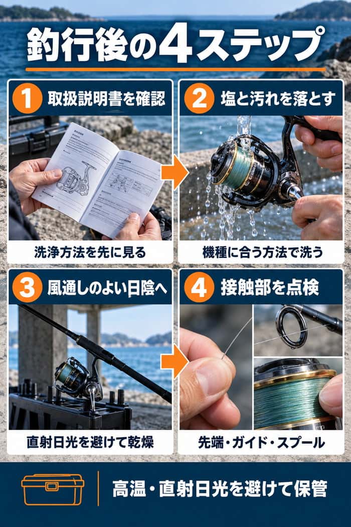 釣行後の手入れ手順。取扱説明書を確認し、機種に合う方法で塩と汚れを落とし、日陰で乾かして接触部を点検する。