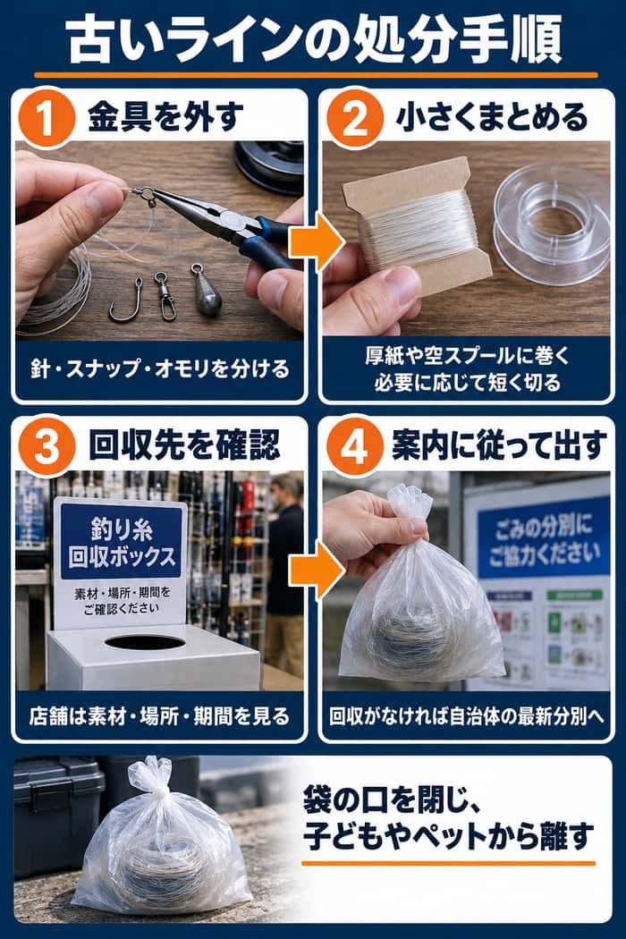 古い釣り糸の処分手順。金具を外して糸を小さくまとめ、店舗回収の条件か自治体の最新案内を確認して出す。