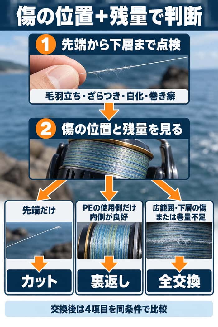 釣り糸の交換判断のまとめ。傷の位置と残量を点検し、先端カット、PEの裏返し、全交換から適切な対処を選ぶ。