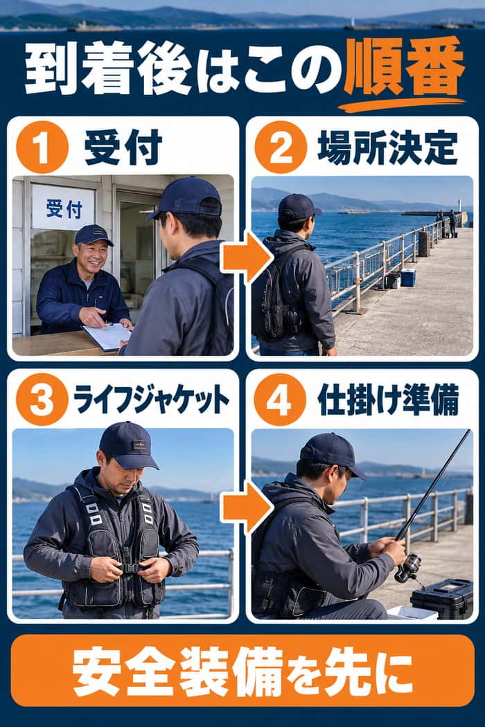 海釣り施設へ到着した後の手順。受付、場所決定、ライフジャケット着用、仕掛け準備の順に進めることを示す。