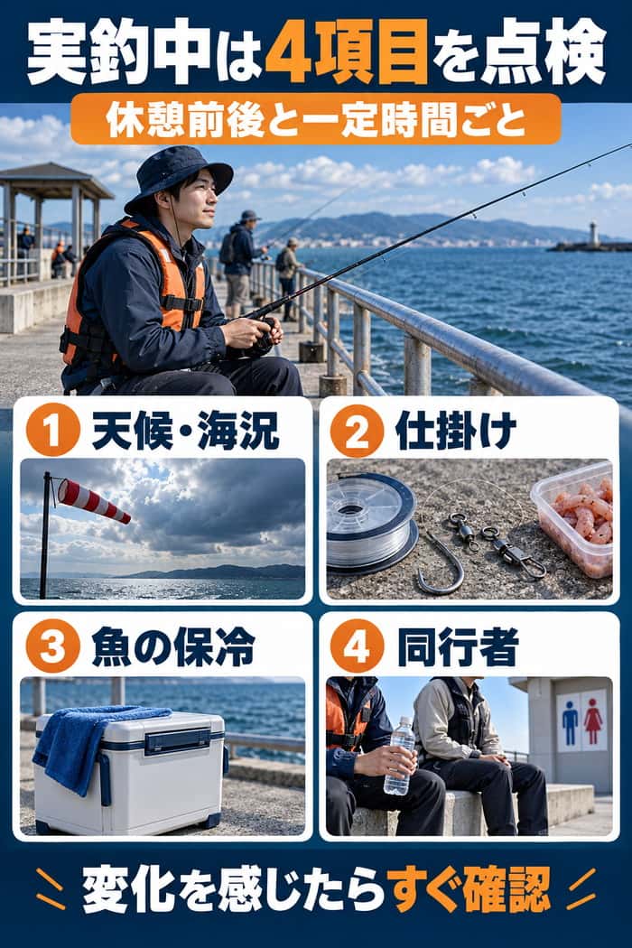 実釣中の点検項目。休憩前後と一定時間ごとに、天候と海況、仕掛け、魚の保冷、同行者を確認することを示す。