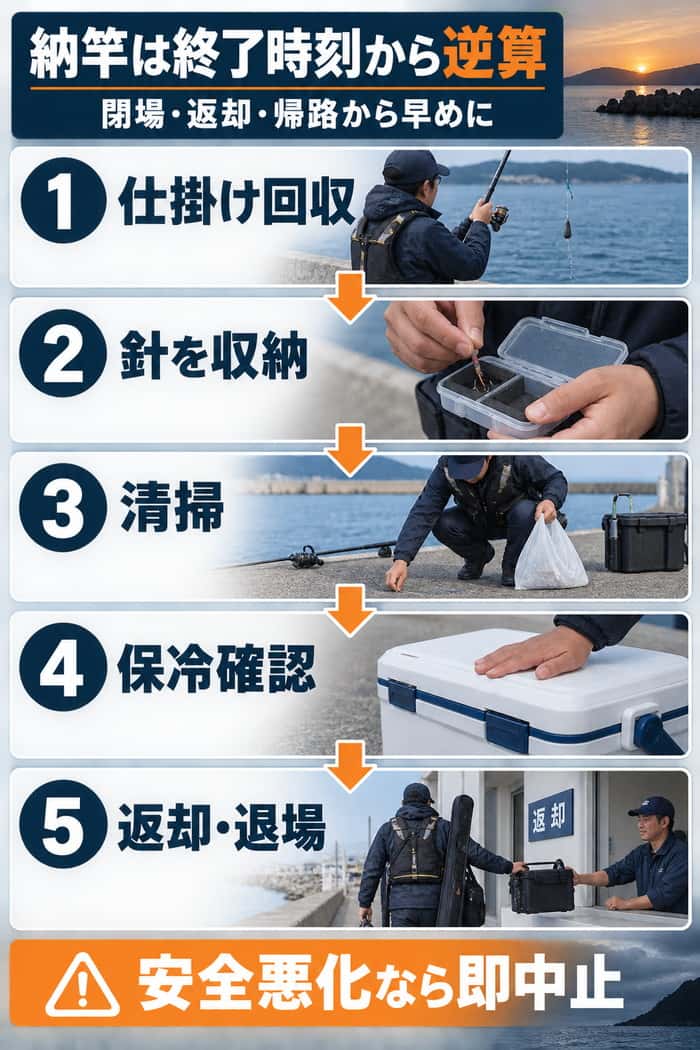 納竿から退場までの手順。仕掛け回収、針の収納、清掃、保冷確認、返却と退場を、終了時刻から逆算して始める流れを示す。