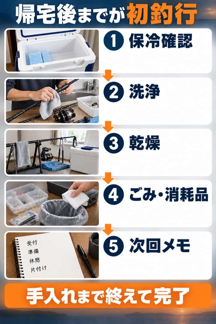 帰宅後の手入れ手順。保冷確認、道具の洗浄と乾燥、ごみと消耗品の整理、次回メモまでを順に示す。