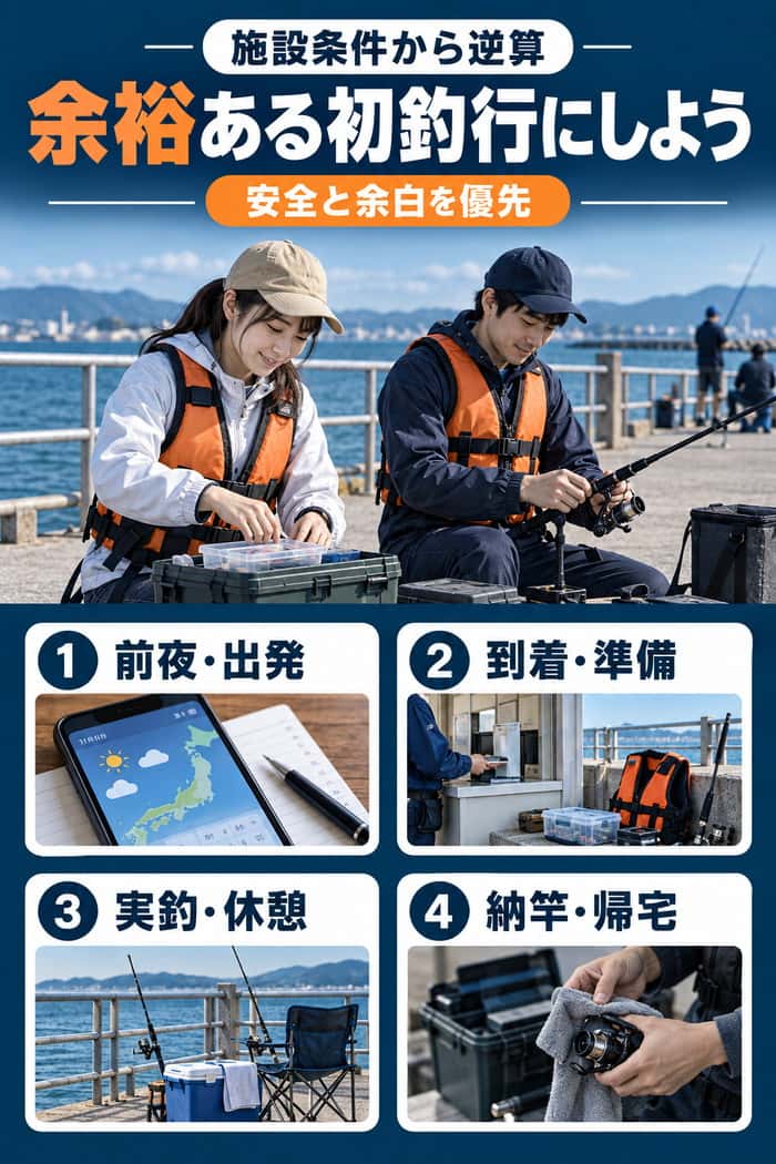 余裕ある初釣行の全体像。前夜と出発、到着と準備、実釣と休憩、納竿と帰宅の四段階で安全と余白を優先する流れを示す。