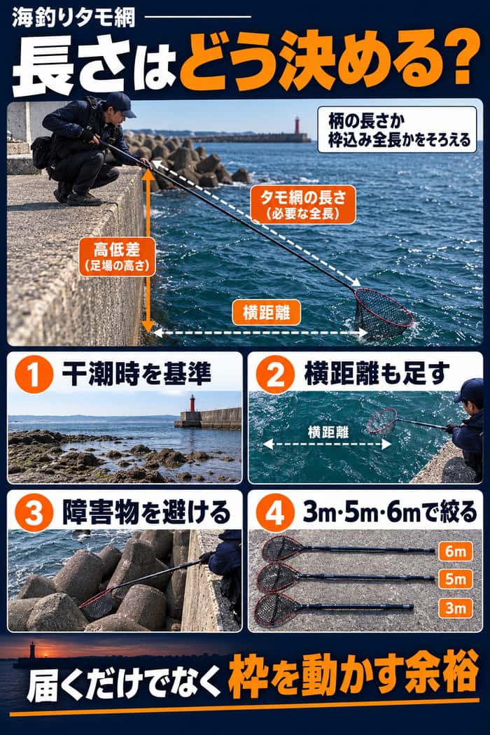 堤防の高低差と横距離、障害物、3m・5m・6mの候補を示し、干潮時に届いて枠を動かせる長さで選ぶ考え方をまとめる。
