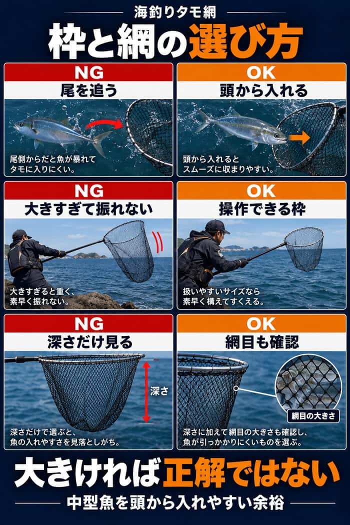 タモ枠と網の選び方をNGとOKで比較し、尾を追わず頭から入れること、操作できる枠、網目確認の重要さを示す。