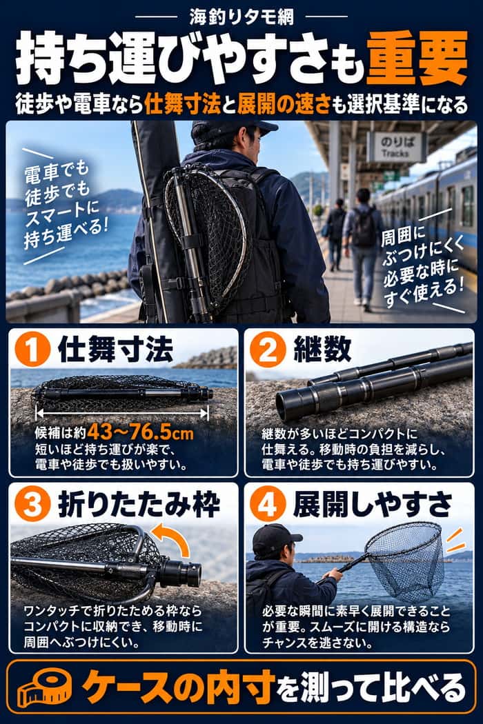 仕舞寸法、継数、折りたたみ枠、展開しやすさの4点から、徒歩や電車で持ち運びやすいタモ網を選ぶ基準を整理する。