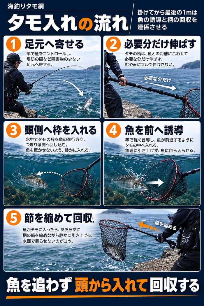 魚を足元へ寄せ、必要分だけ柄を伸ばし、頭側へ枠を入れて前へ誘導し、節を縮めて回収するタモ入れの手順を示す。