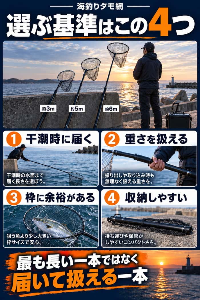 干潮時に届く長さ、扱える重さ、枠の余裕、収納のしやすさの4条件を並べ、最も長い一本ではなく届いて扱える一本を選ぶとまとめる。