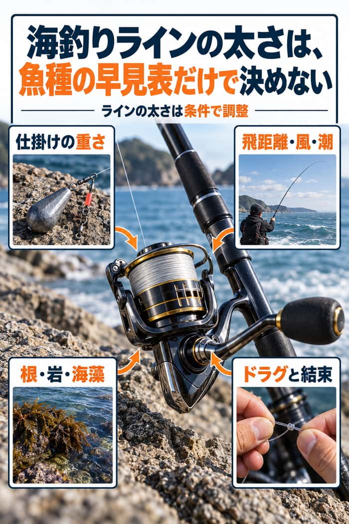 海釣りラインの太さを決める4条件。仕掛けの重さ、飛距離・風・潮、根・岩・海藻、ドラグと結束を示す。