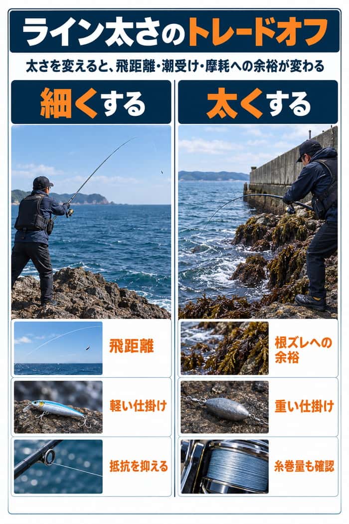 細いラインと太いラインの比較。飛距離・軽い仕掛け・低抵抗と、根ズレ・重い仕掛けへの余裕を対比する。