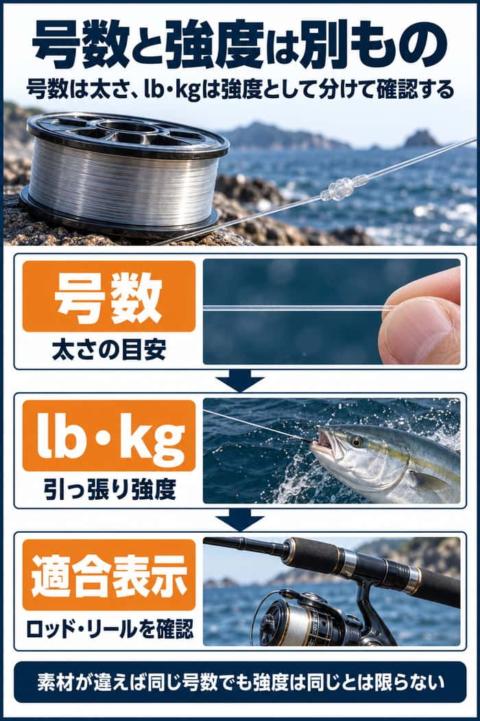 ライン表示の確認順。号数は太さ、lb・kgは引っ張り強度として分け、ロッドとリールの適合表示へ進む。