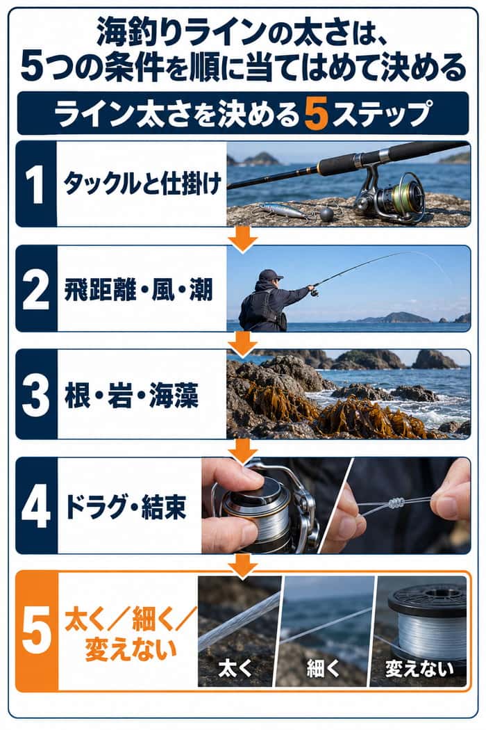 海釣りラインの太さを決める5段階。タックル、飛距離、障害物、ドラグと結束を順に確認して調整方向を選ぶ。