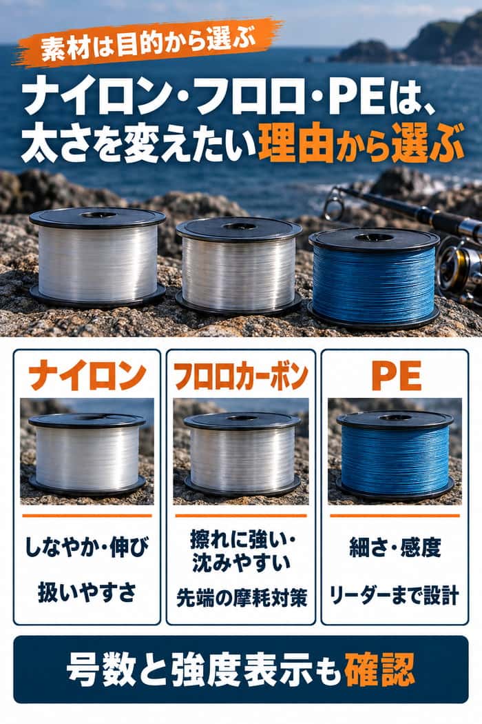 ナイロン、フロロカーボン、PEの比較。扱いやすさ、耐摩耗性、細さと感度など、目的ごとの特徴を示す。