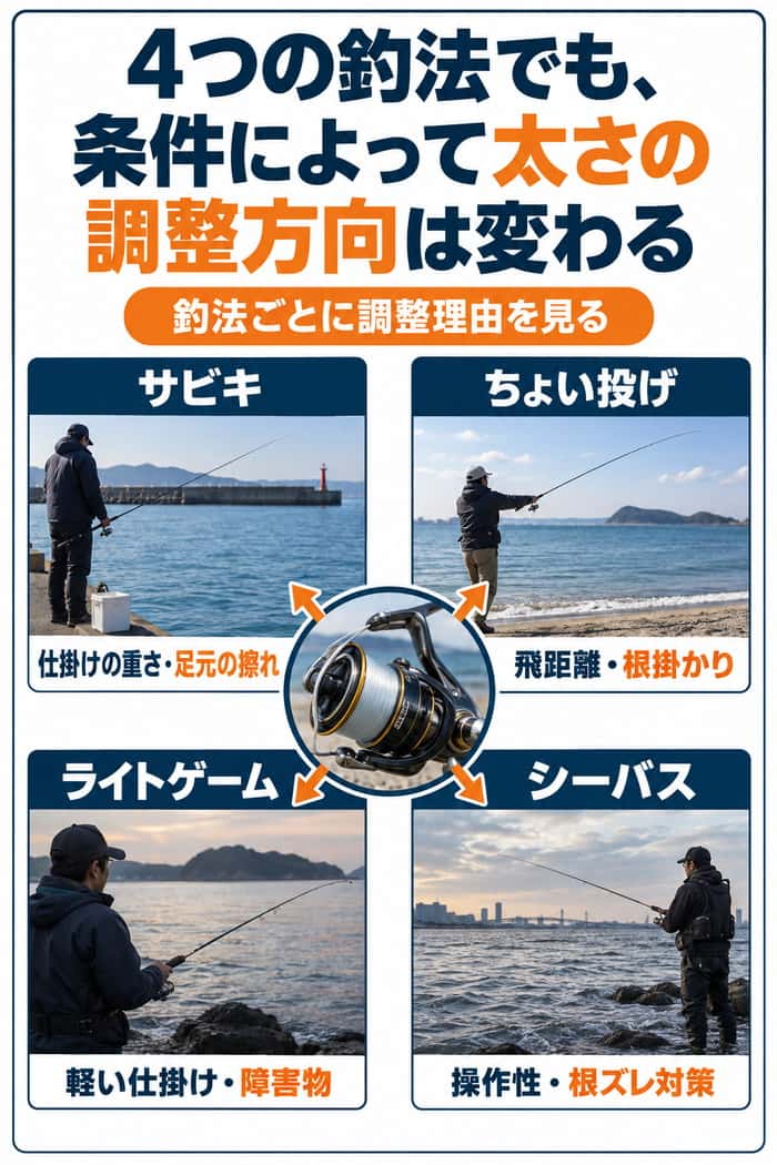 サビキ、ちょい投げ、ライトゲーム、シーバスの4釣法で、ラインを太く・細くする判断条件を比較する。