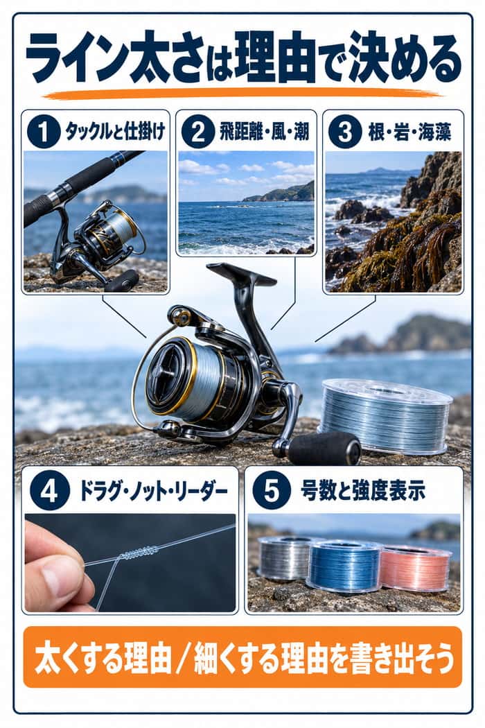 ライン太さを決める最終確認。タックル、飛距離、障害物、結束、号数と強度表示の5項目をまとめる。