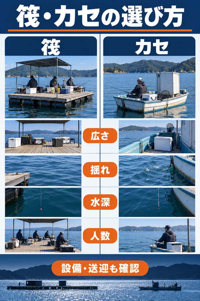 筏とカセの比較図。広さ、揺れ、水深、人数の4軸と、設備・送迎も確認する点を示す。