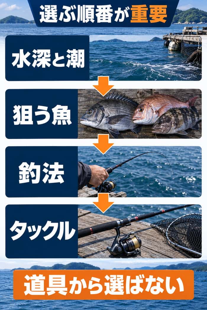 筏釣りの選択手順。水深と潮、狙う魚、釣法、タックルの順に決める流れを示す。