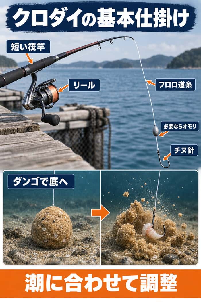 クロダイの基本仕掛け図。短い筏竿、リール、フロロ道糸、オモリ、チヌ針の順と、ダンゴを底で割る流れを示す。