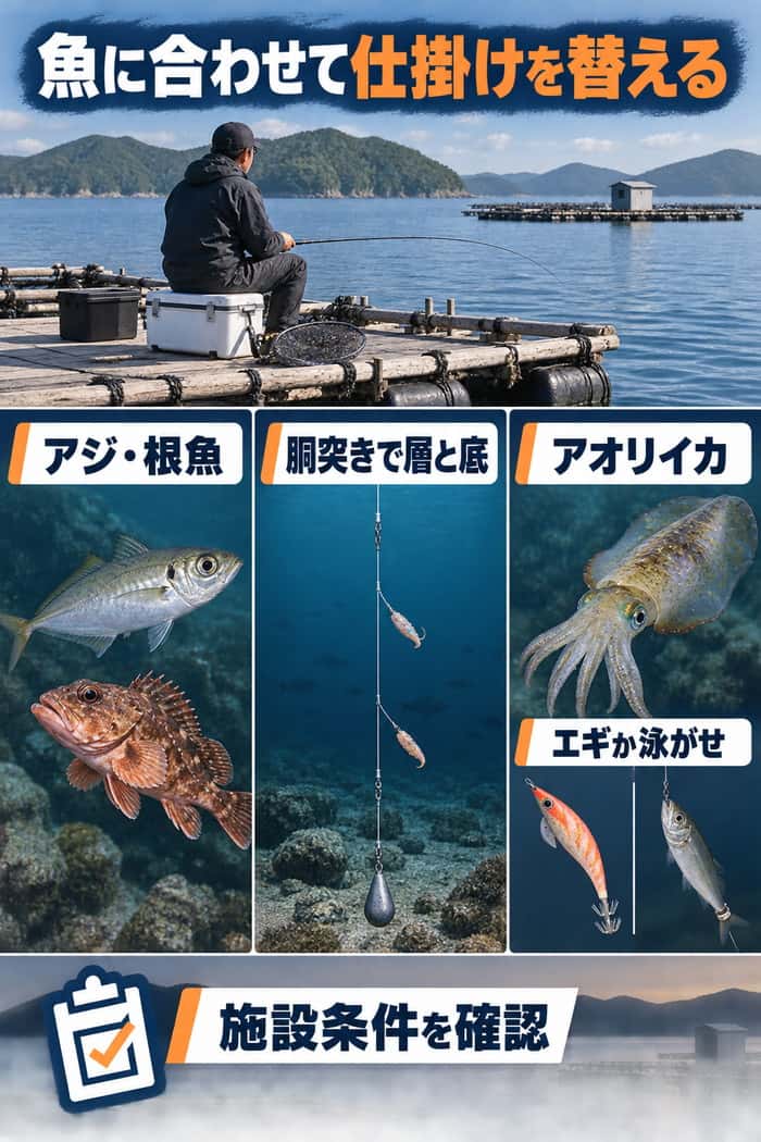 魚種別の仕掛け比較。アジ・根魚は胴突きで層と底を探り、アオリイカは施設条件に応じてエギか泳がせを選ぶ。