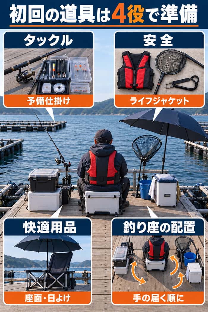 初回に準備する道具の分類。タックル、安全用品、快適用品と、手の届く順に整えた釣り座を示す。