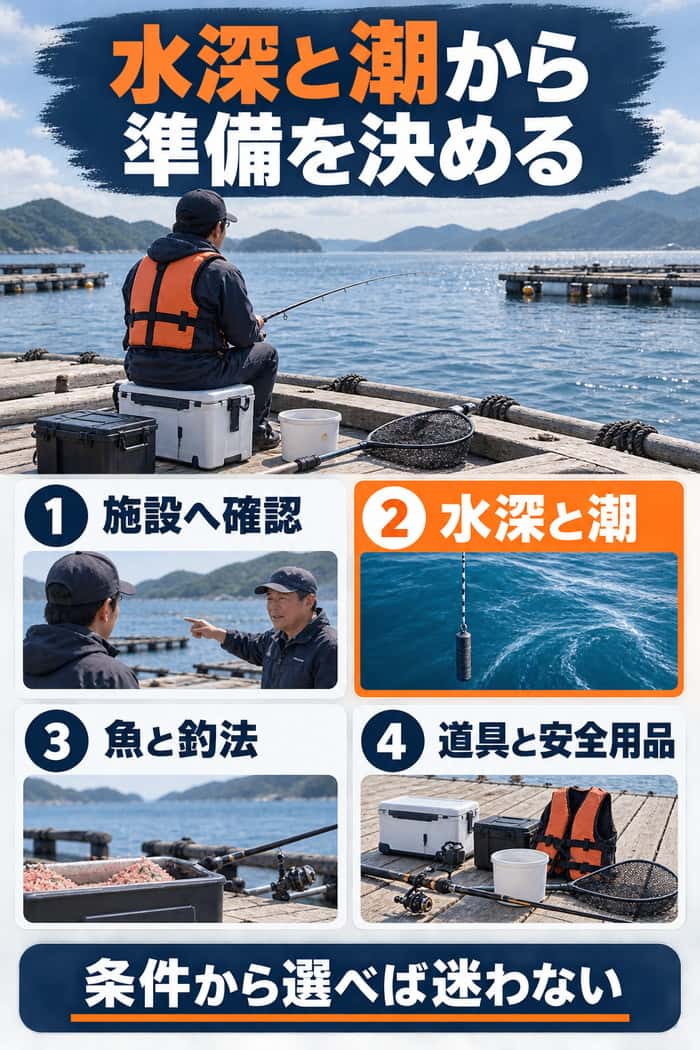 筏釣り準備の要点。施設確認、水深と潮、魚と釣法、道具と安全用品を条件から順に決める考え方を示す。