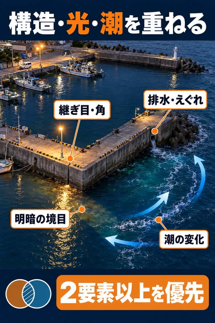 港湾岸壁の俯瞰図。継ぎ目や角、排水・えぐれ、明暗の境目、潮の変化を重ね、2要素以上の場所を優先する考え方を示す。