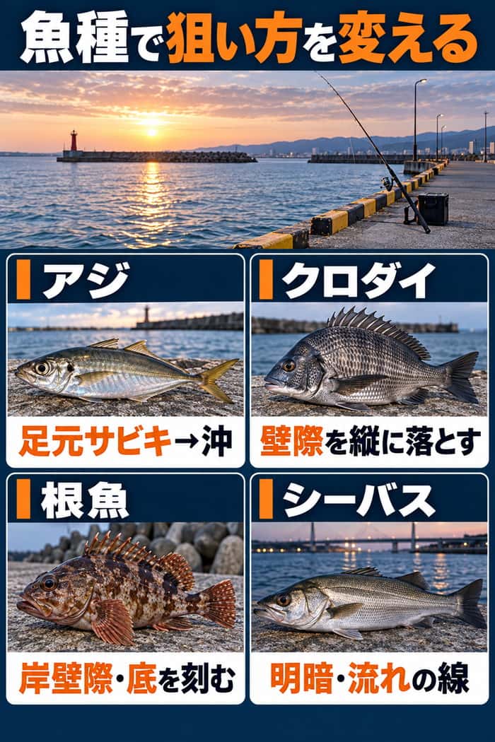 アジ、クロダイ、根魚、シーバスの比較図。足元サビキ、壁際の縦探り、岸壁際と底、明暗・流れの線という狙い方の違いを示す。