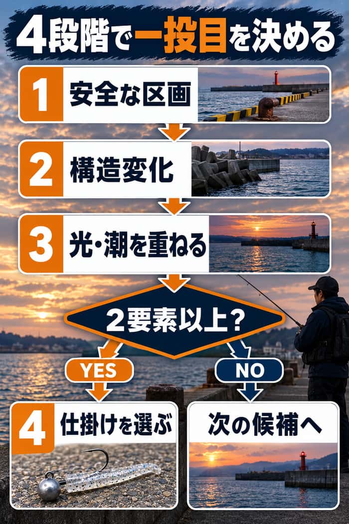港湾岸壁で一投目を決める選択フロー。安全な区画、構造変化、光・潮を確認し、2要素以上なら仕掛けを選ぶ順番を示す。