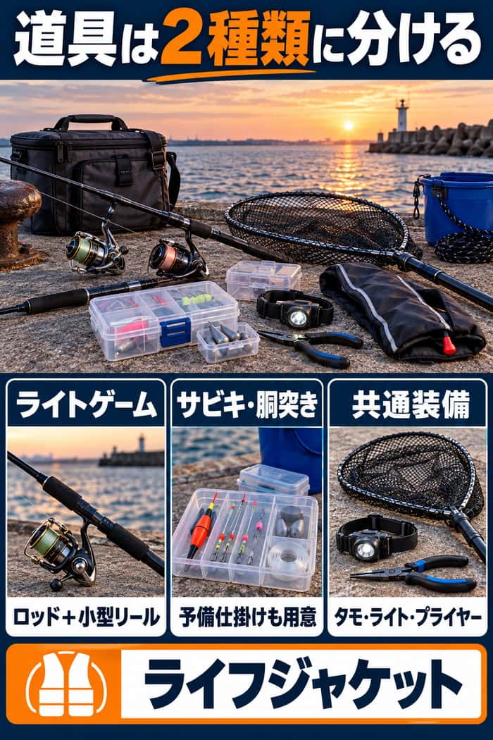 岸壁釣りの道具一覧。ライトゲーム用、サビキ・胴突きの予備、タモ・ライト・プライヤーなどの共通装備とライフジャケットを整理する。