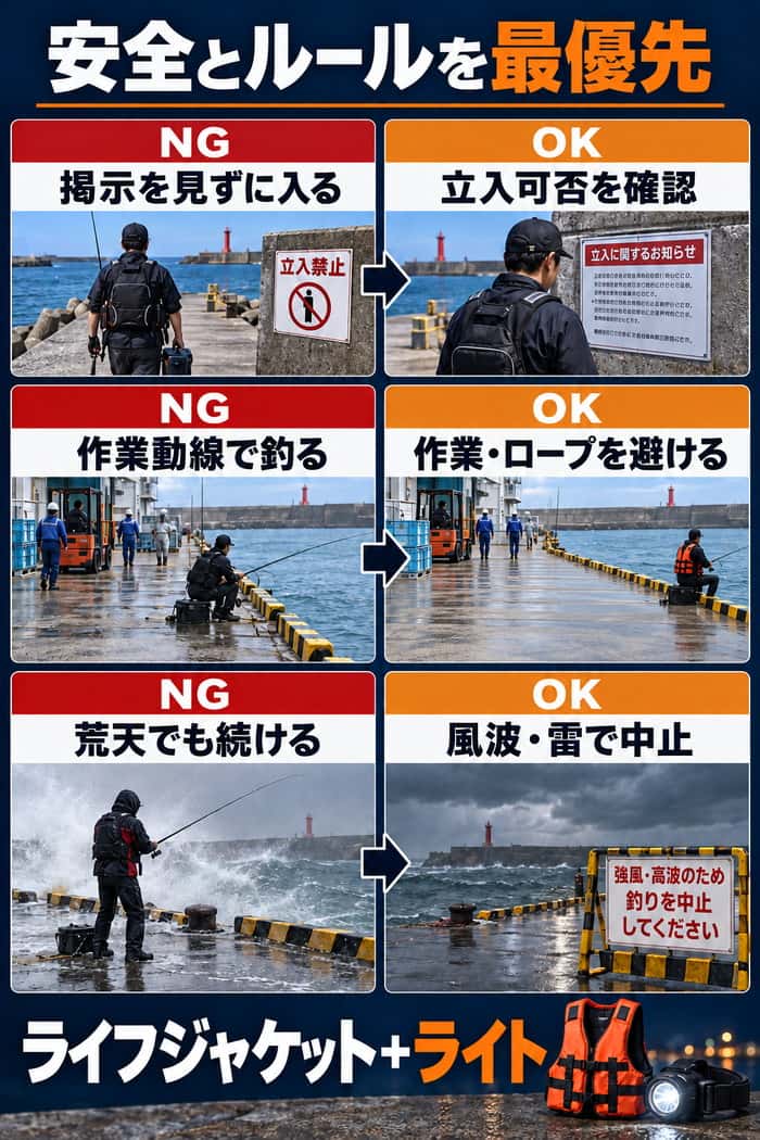 港湾岸壁での安全行動のNG・OK比較。立入可否、作業動線とロープ、風波・雷の判断、ライフジャケットとライトを示す。
