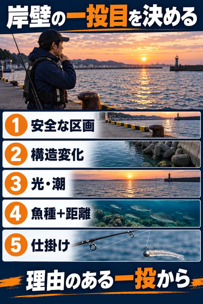 港湾岸壁で一投目を決める5段階。安全な区画、構造変化、光・潮、魚種と距離、仕掛けの順に候補を絞る。