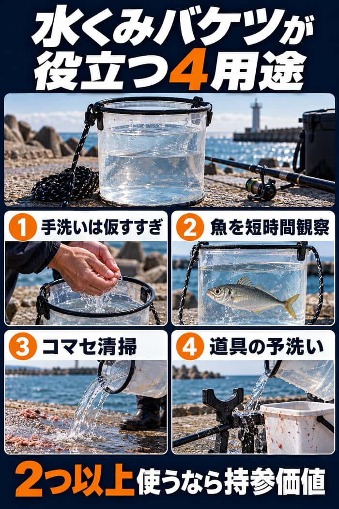 釣り用水くみバケツの4用途をまとめた図。手洗いの仮すすぎ、魚の短時間観察、コマセ清掃、道具の予洗いを示す。