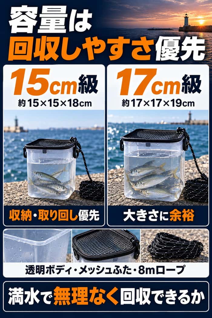 15cm級と17cm級の水くみバケツ比較。収納性と大きさの余裕を並べ、満水で無理なく回収できるかを選び方の軸として示す。