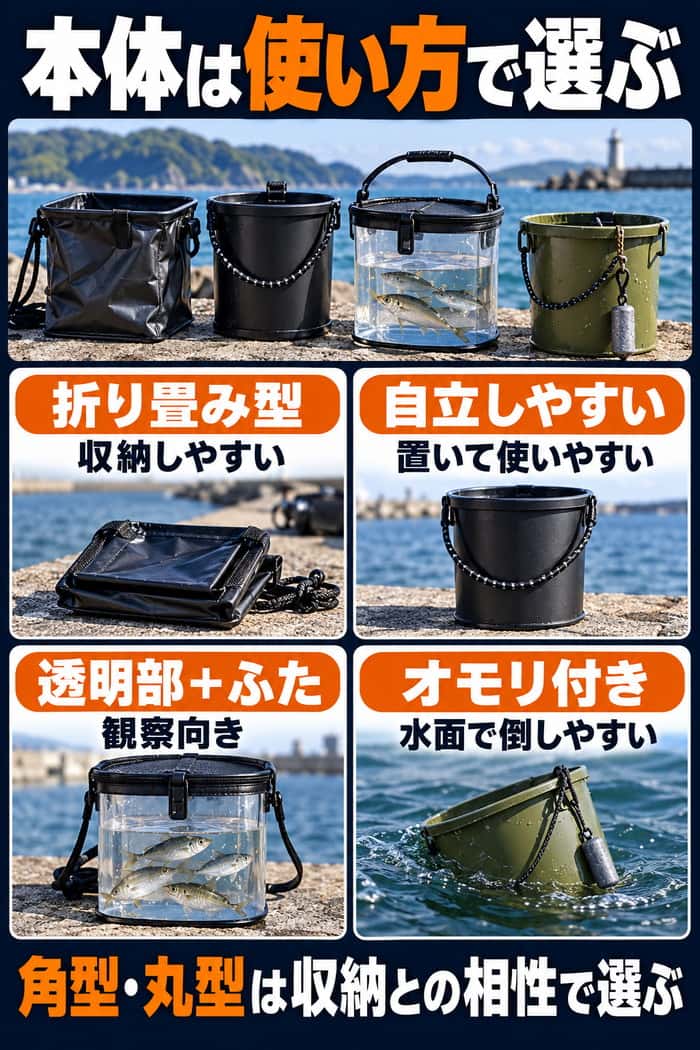 本体形状の選び方を示す図。折り畳み型、自立しやすい形、透明部とふた、オモリ付きの特徴を用途別にまとめる。
