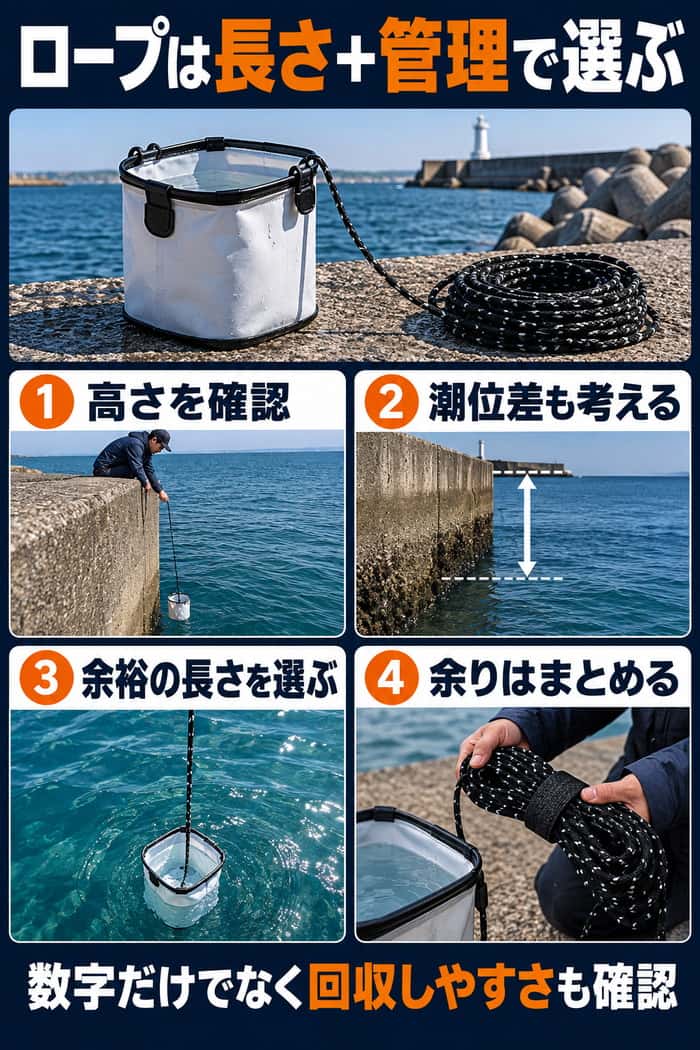 ロープ選びの要点を示す図。釣り座の高さ確認、潮位差の考慮、余裕のある長さ、余ったロープの整理を順に示す。