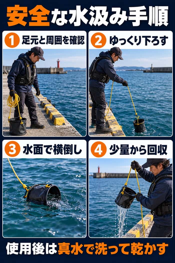 安全な水汲み手順の図。足元と周囲を確認し、ゆっくり下ろし、水面で横倒しにして、少量から回収する流れを示す。