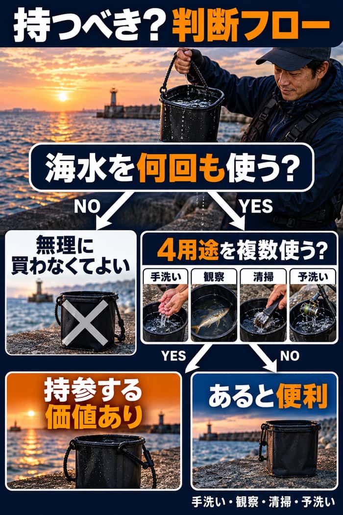 水くみバケツが必要か判断するフロー図。海水を使う回数と4用途を複数使うかで、持参価値あり・あると便利・無理に買わなくてよいへ分岐する。