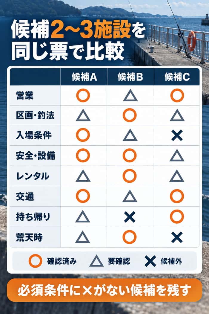 候補3施設を同じ確認票で比較する図。営業、区画・釣法、入場条件などを○・△・×で判定し、必須条件に×がない候補を残す。