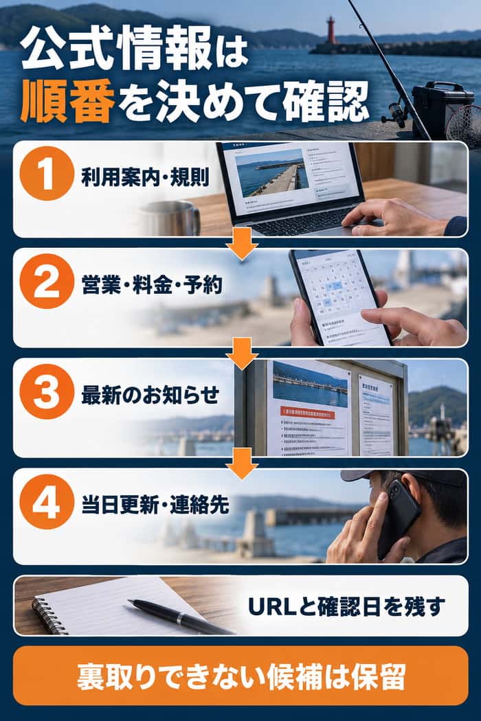 公式情報を確認する順序。利用案内・規則、営業・料金・予約、最新のお知らせ、当日更新・連絡先を調べ、URLと確認日を残す。