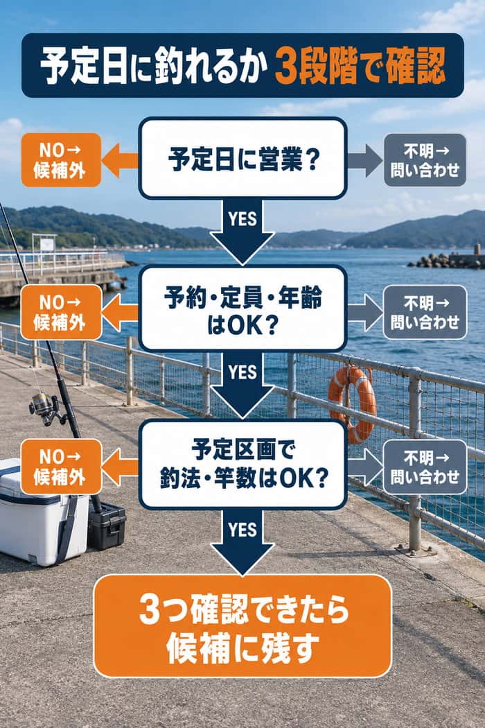 予定日に釣れるかを判定するフロー。営業、予約・定員・年齢、予定区画での釣法・竿数を順に確認し、不明点は問い合わせる。
