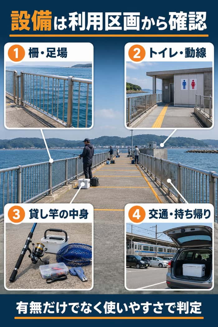 利用区画を中心に、柵・足場、トイレへの動線、貸し竿の中身、交通と持ち帰りを、有無だけでなく使いやすさで確認する。