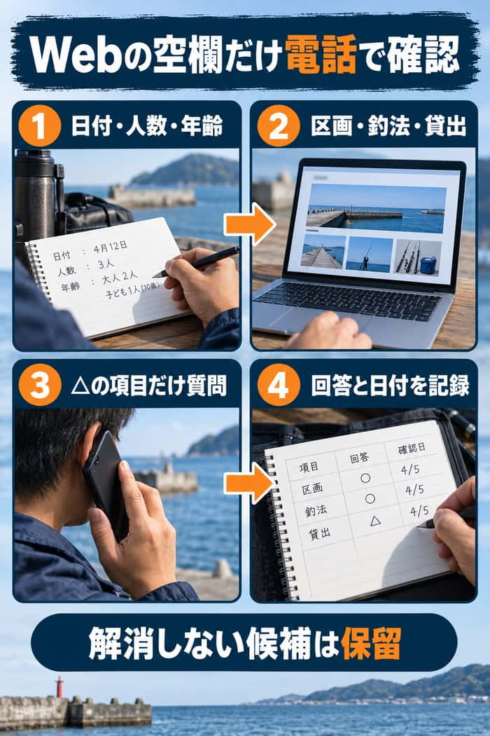 Webで不明な項目だけを電話確認する手順。日付・人数・年齢と区画・釣法・貸出条件を伝え、回答と確認日を記録する。