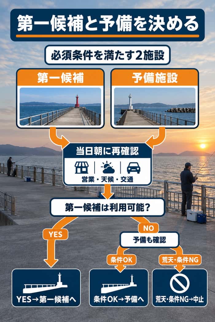 必須条件を満たす第一候補と予備施設を決める判断フロー。当日朝に営業・天候・交通を再確認し、条件を満たさなければ中止する。