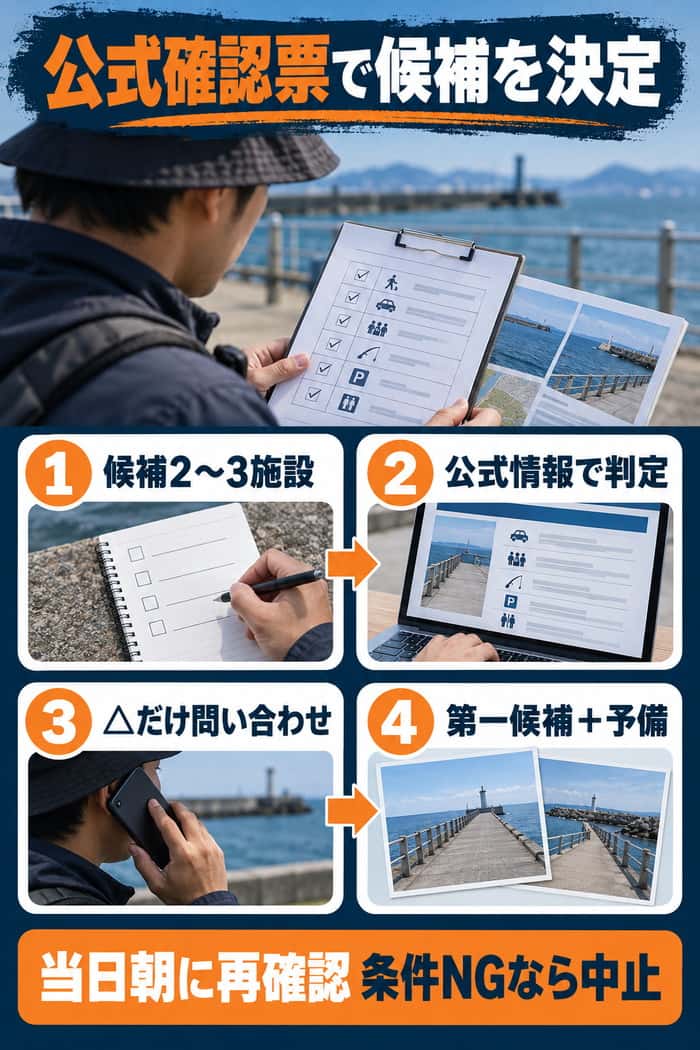 公式確認票で候補を決める4段階。候補2〜3施設を公式情報で判定し、△だけを問い合わせ、第一候補と予備を決める。